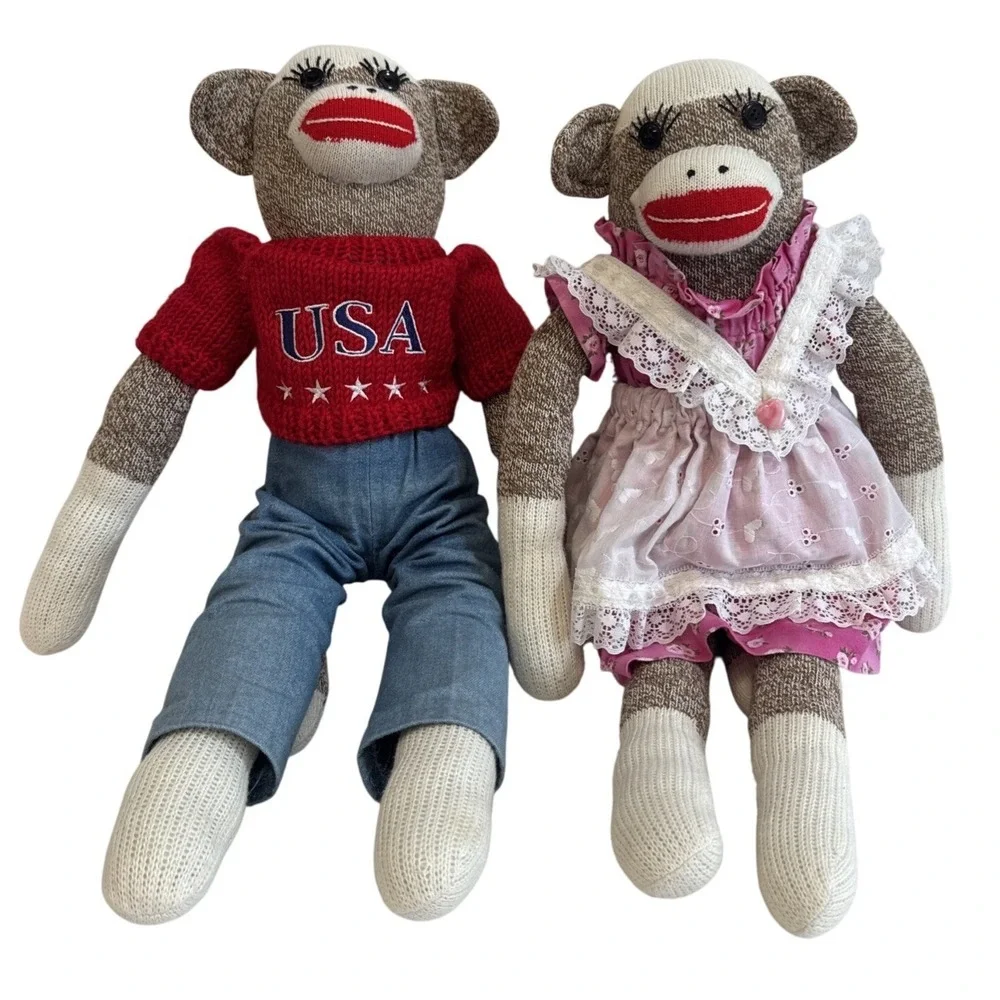 Pair of Handmade Patriotic Sock Monkeys USA‎ Red Sweater Girl Pink Dress Toys